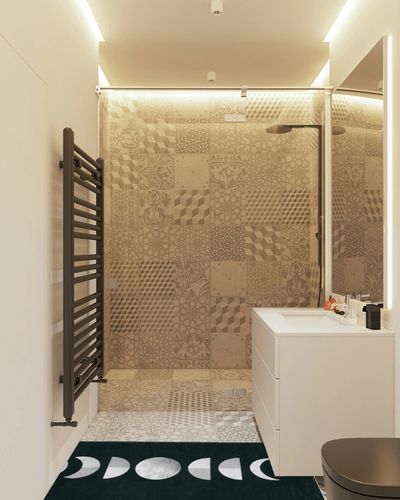 Lanffia Boho Hallway Runner Rug 2x5 Washable Moon Phase Rug Bohemian Soft Faux Wool Non-Slip Bedroom Runner Rug Lightweight Entry Runner Low Pile Witchy Rug for Kitchen Bathroom, Black/White in White Tiled Bathroom