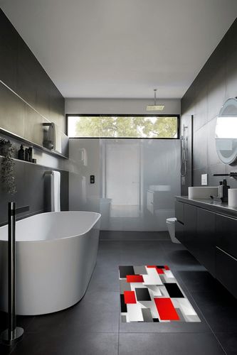 Hallway Runner Rug,Abstract 3D Geometric Pattern Square Red Black Gray Non Slip Water Absorbent Rug Indoor Entrance Floor Mat Runner for Home Garage Kitchen Laundry 18x59in in Black Modern Bathroom