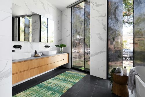 Dash and Albert Paint Chip Moss Hand Micro Hooked Wool Rug, Runner-2.5 X 8 Feet, Multi/Green Geometric Pattern in Modern Black Tiled bathroom