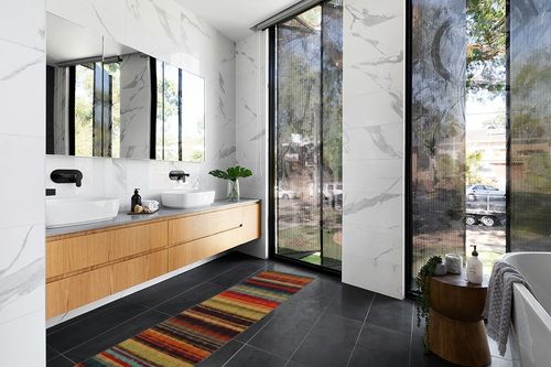 Mohawk Home Boho Stripe 2' x 8' Area Rug - Multicolor - Perfect for Living Room, Dining Room, Office in Modern Black Tiled bathroom