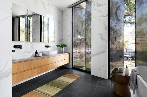 xigua Vintage Wood Grain Area Rug - 2' x 6' Washable Runner Rugs with Rubber Backing - Non Skid Floor Carpet for Indoor Living Room Hallway Kitchen in Modern Black Tiled bathroom