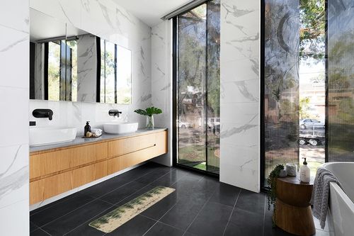 Artoid Mode Pine Trees Snowflakes Merry Christmas Doormat, Winter Home Decor Low-Profile Switch Rug Door Mat Floor Mat for Indoor Outdoor 17x47 Inch in Modern Black Tiled bathroom