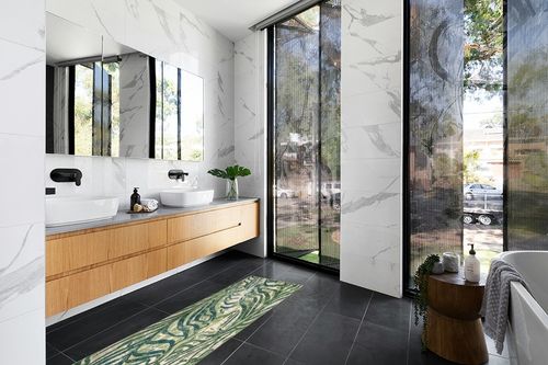 nuLOOM Cali Abstract Leaves Runner Rug , 2' x 6', Green, Rectangular, 0.45" Thick in Modern Black Tiled bathroom