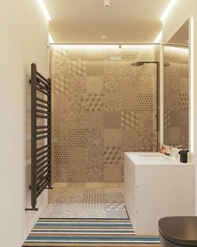 Leick Home 595165 Talipot Runner Palm Indoor Outdoor Area Rug Runner 2'x8' in White Tiled Bathroom