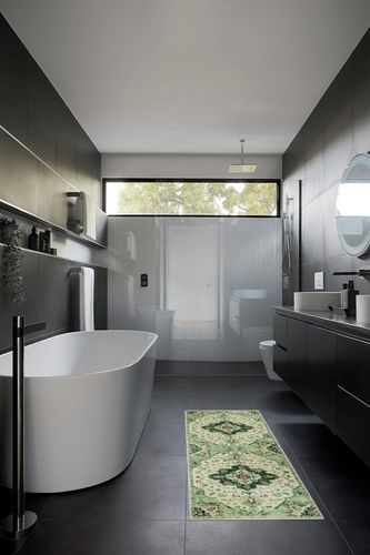 Morebes Vintage Boho Bathroom Runner Rug 2x6,Washable Entryway Runner Rug,Non Slip Medallion Carpet Runner,Soft Bohemian Ultra-Thin Laundry Mat for Bedroom Hallway Entrance, Green in Black Modern Bathroom