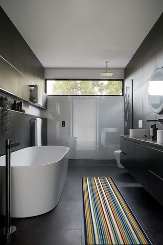 Leick Home 595165 Talipot Runner Palm Indoor Outdoor Area Rug Runner 2'x8' in Black Modern Bathroom