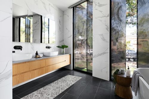 Wonnitar Moroccan Washable Runner Rug in Modern Black Tiled bathroom