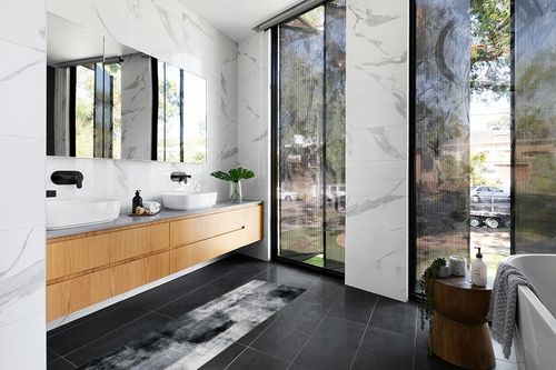 Lahome Modern Runners for Hallways - 2x6 Washable Non-Slip Carpet Runner Lightweight Stain Resistant Kitchen Runner Rug Grey Abstract Print Bathroom Runner Indoor Rug Runner for Entrance Laundry Room in Modern Black Tiled bathroom