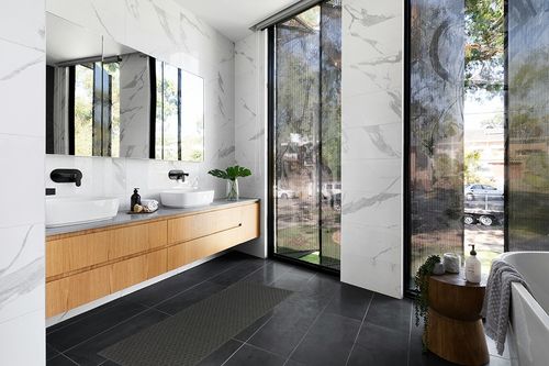 Cinder Gray Town Square  Living Room Runner in Modern Black Tiled bathroom