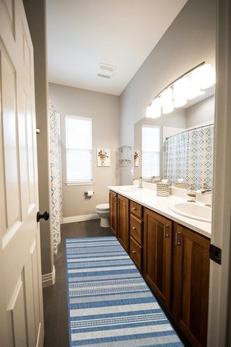 Couristan Gazebo Area Rug, 2'3" x 7'10", Champagne Blue in Wooden and Grey Bathroom