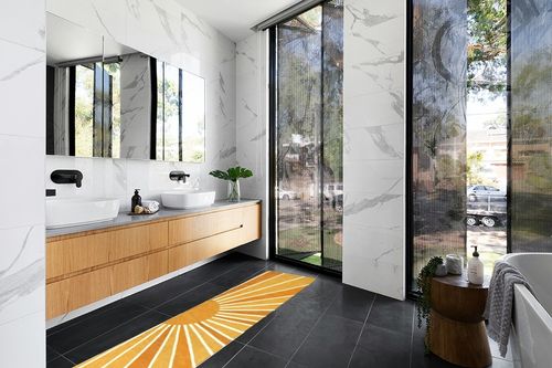 Lahome Boho Runners Rug for Hallway - 2x8 Non-Slip Washable Kitchen Runner Rug Low-Pile Soft Throw Entryway Rug Runner Rainbow Sun Print Abstract Carpet Runner for Laundry Room Bathroom Living Room in Modern Black Tiled bathroom