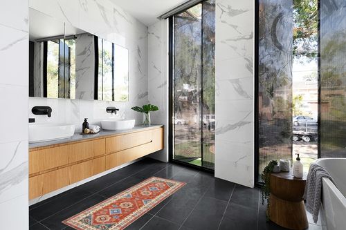 HEBE Boho Rug Sets 3 Piece with Runner Vintage Kitchen Runner Non Slip Bohemian Area Rug Floor Mat Washable Laundry Room Runner for Hallway Living Room Entryway in Modern Black Tiled bathroom