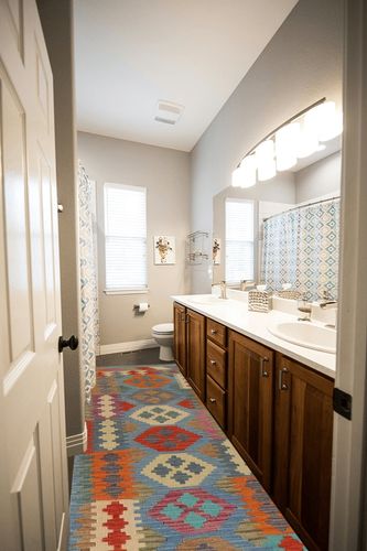 Rug Source Southwestern Style Collection 3x10 Kilim Runner Rug, Flatweave/Hand-Woven Navy Blue & Blues Geometric Rug, Oriental Wool Carpet for Foyer, Entryway, Hallway in Wooden and Grey Bathroom