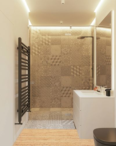 Jute Braided Runner Rug 24x72 Inches (2'x6')- Natural, Hand Woven Reversible Area Rugs for Kitchen Living Room Entryway, Eco Friendly in White Tiled Bathroom