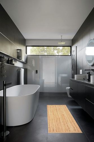 Jute Braided Runner Rug 24x72 Inches (2'x6')- Natural, Hand Woven Reversible Area Rugs for Kitchen Living Room Entryway, Eco Friendly in Black Modern Bathroom