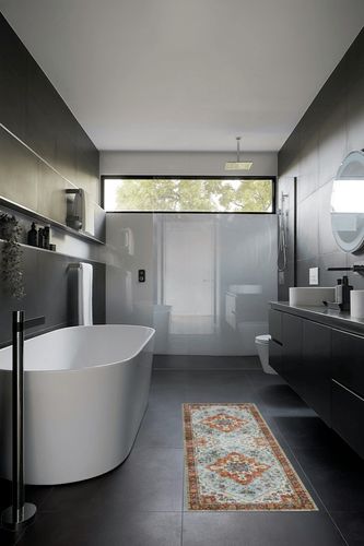 JOLENE.K Washable Area Rug 2x6 Runner Rug for Hallways Boho Rug Non Slip Small Rugs Kitchen Rugs for Living Room Bedroom Bohemian Modern Abastract Stain Resistant Bath Mat Office, Rust/Blue in Black Modern Bathroom