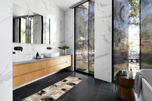 Lahome Modern Geometric Runner Rug, 2x6 ft Washable Kitchen Runner Rugs Non Slip, Soft Low Profile Carpet Runner for Hallway Entryway, Farmhouse Bedside Living Room Throw Rug, Beige in Modern Black Tiled bathroom