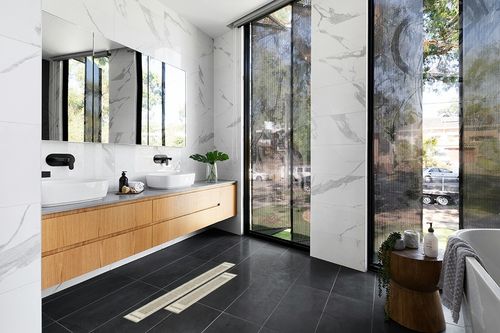 Artoid Mode Rubber Non-Slip Washable Absorbent Kitchen Rugs and Mats Set of 2, Kitchen Mats for Floor Kitchen Runner Hallway Laundry Room in Front of Sink Beige Grey - 17x29 and 17x47 Inch in Modern Black Tiled bathroom