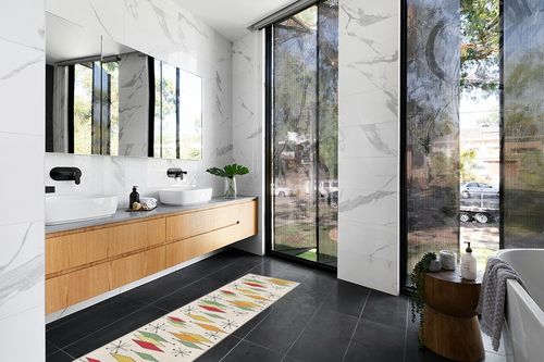 Hallway Runner Rug,Diamond Abstract Mid Century Retro Geometric Yellow Green Orange Non Slip Water Absorbent Rug Indoor Entrance Floor Mat Runner for Home Garage Kitchen Laundry 23.6x70.9in in Modern Black Tiled bathroom