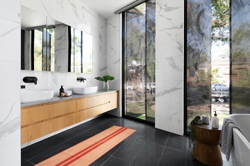 Chouhan Rugs Natural Jute Red Lined Rug Bohemian Rug Decor Rug Handwoven Rug Custom Rug Decorative Rug in Modern Black Tiled bathroom