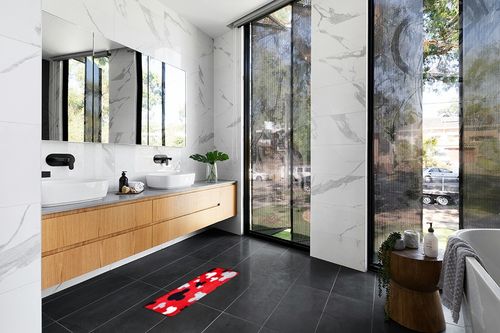 Mickey Mouse Rugs - Bathroom Rug, Non-Slip Mickey Cartoon Kitchen Mat, Cute Cartoon Rug Indoor Entrance Doormat for Boys Girls Kids Baby Bedroom Home Decor Nursery Indoor Rugs, 17" x 30" (Red) in Modern Black Tiled bathroom