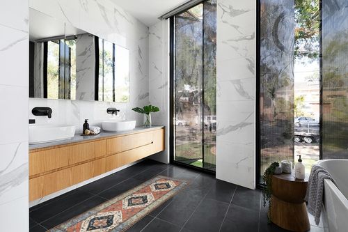 Beeiva Washable Runners for Hallways, 2x6 Vintage Tribal Medallion Bathroom Kitchen Runner Rugs with Rubber Backing, Boho Runner Rug for Hallways Bedroom Entryway Laundry Room in Modern Black Tiled bathroom