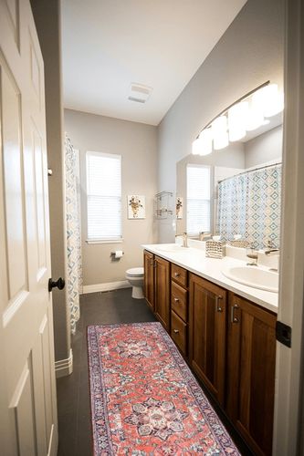 Toneed Washable Runner Rug, 2 x 6 Feet Rug with Rubber Backing Non Slip Vintage Carpet for Bedroom Living Room Kitchen Entryway Bathroom Laundry Decor - Red in Wooden and Grey Bathroom