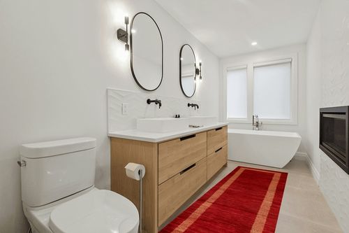 Rug Source Modern Collection Size 3x10 Modern Gabbeh Runner Rug, Hand-Knotted/Hand-Woven Red Geometric Rug, Oriental Wool Carpet for Foyer, Entryway, Hallway in Scandinavian Neutral bathroom