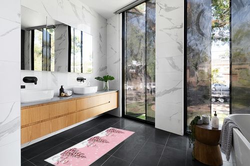 Kitchen Rugs Long Floor Door Mats Absorbent Entryway Rug Winter Christmas Cute Snowman Indoor Carpet Non-Slip Area Runner,Xmas Tree Snowflake on Pink Entrance Doormat for Bedroom Bathroom in Modern Black Tiled bathroom