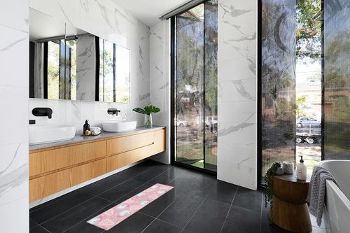 Christmas 1 Piece Kitchen Runner Rug Non Skid Washable, Pink Santa Christmas Tree Winter Snowflake Durable Welcome Mat Low Profile Absorbent Doormat for Kitchen, Living Room, Entryway, 15.7"W x 47.2"L in Modern Black Tiled bathroom