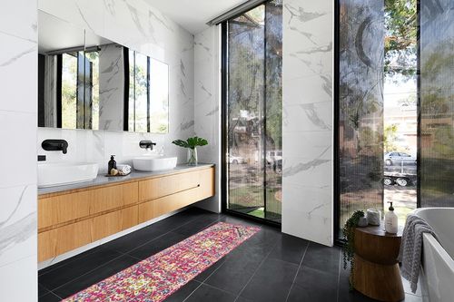 Brooklyn Geometric Medallion Bohemian Indoor Area-Rug in Modern Black Tiled bathroom