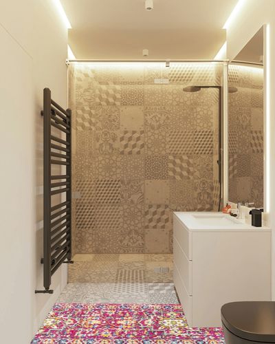 Brooklyn Geometric Medallion Bohemian Indoor Area-Rug in White Tiled Bathroom