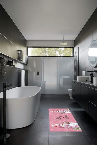 Kitchen Rugs Long Floor Door Mats Absorbent Entryway Rug Winter Christmas Snowman Bird Indoor Carpet Non-Slip Area Runner,White Snowflake on Pink Entrance Doormat for Bedroom Bathroom in Black Modern Bathroom