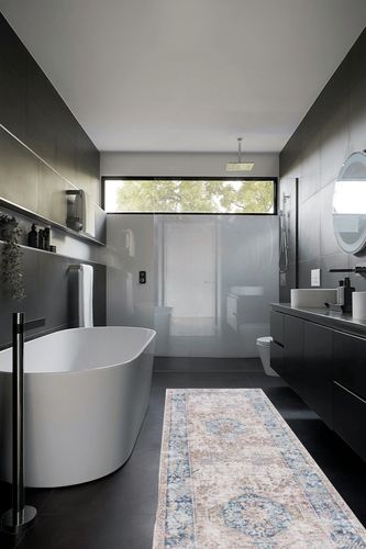 Bloom Rugs Caria Washable Non-Slip 10 ft Runner - Beige/Ocean Blue Runner for Entryway, Hallway, Bathroom and Kitchen - Exact Size: 2'6" x 10' in Black Modern Bathroom