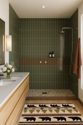 Rustic Lodge, Bear Cabin 4x5 Area Rug, 3'11"x5'3" Multi 7482 in Green Bathroom