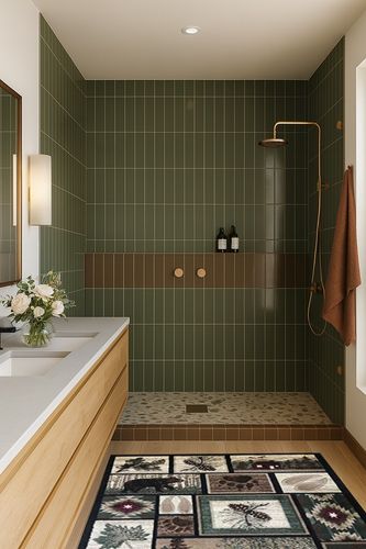 Carpet King Cabin Style Area Rug Rustic Western Country Bear Elk Deer Bear Wildlife Lodge Native Design 386 (3 Feet 10 Inch X 5 Feet 2 Inch) in Green Bathroom