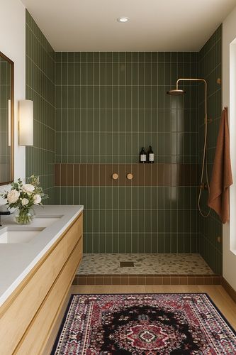 Home Dynamix Premium Sakarya Traditional Medallion Border Area Rug, Black, 3'7"x5'2" Rectangle in Green Bathroom