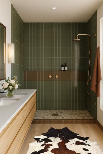 MeshNew Pure Brown Tricolor Cowhide Rug Black Brown and White Luxurious Cow Skin Tri Color (5 X 4) in Green Bathroom