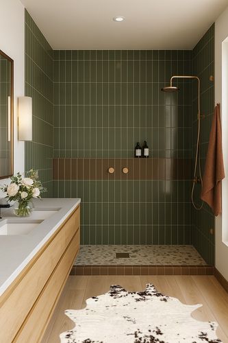 nuLOOM Marcia Machine Washable Faux Cowhide Accent Rug, 3' 10" x 5', Brown in Green Bathroom