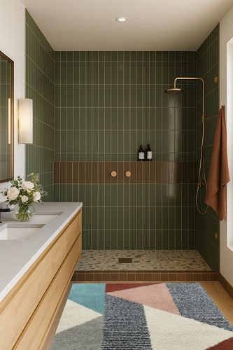 Satterlee Geometric Orange/Gray/Brown Area Rug Mercury Row Rug Size: Rectangle 4 ... in Green Bathroom