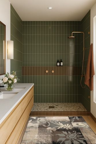 SUPERIOR Indoor Area Rug, Jute Backed, Perfect for Hallway, Entryway, Office, Living/Dining Room, Bedroom, Kitchen, Floor, Modern Floral Patchwork Decor, Pastiche Collection - 4ft x 6ft , Beige in Green Bathroom