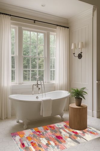 Contemporary POP Modern Abstract Brushstroke Cream/Pink 3 ft. x 5 ft. in Luxurious Bathroom