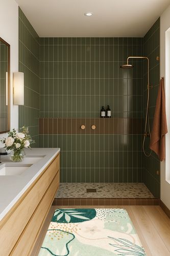 Botanical Print Small Rug Modern Abstract Non-Slip Minimalist Art Area Rug in Green Bathroom