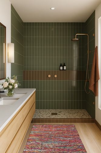 Cotton Multi Chindi Hand Woven Rugs Chindi in Green Bathroom