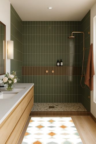 Eroyat Modern Minimalist Fresh Geometric Lattice Area Rug in Green Bathroom