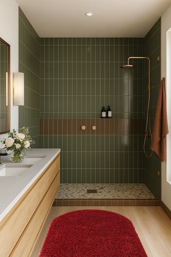 Everyday Shag Rug Red 3x5 Oval in Green Bathroom