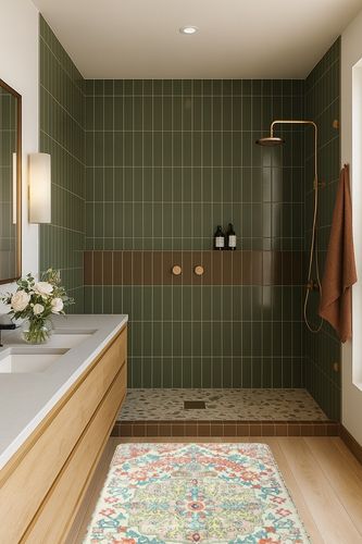 Lahome Bohemian Floral Medallion Area Rug in Green Bathroom