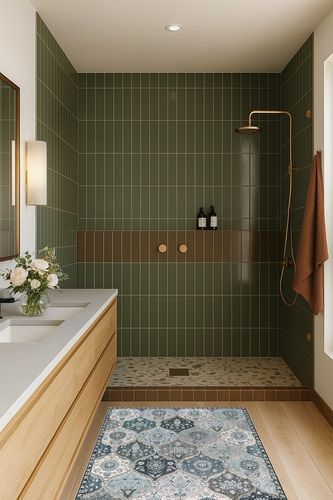 Lahome Moroccan Trellis Area Rug in Green Bathroom