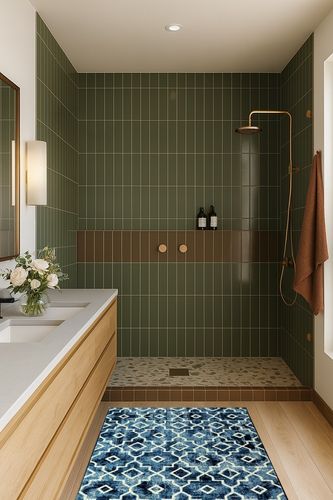 Moynesa Washable Moroccan Area Rug in Green Bathroom