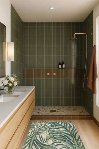 nuLOOM Cali Abstract Leaves Area Rug in Green Bathroom